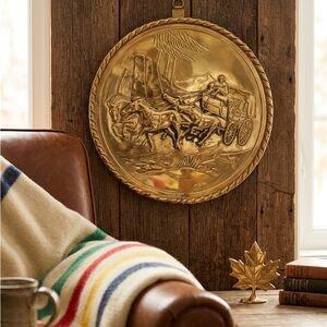 Vintage Peerage England Embossed Brass Wall Hanging Plate - Stagecoach & Horses